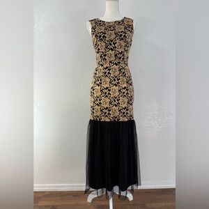 CANDALITE PETITE Elegant Black and Gold Lace Evening Dress